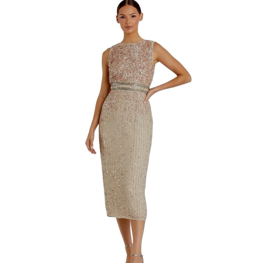 Mac Duggal 10509 Sleeveless High Neck Beaded Midi Sheath Dress Nude Size 10‎ NWT